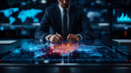 Businessman using futuristic technology interface to analyze data on a digital world map in a modern control room.