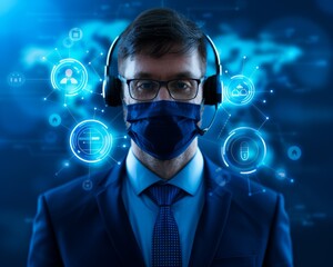 Businessman with headset and face mask standing in front of digital interface hologram, representing global communication and technology.