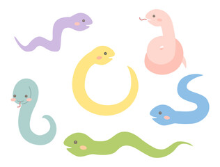 巳年の年賀状などにも使えるカラフルで可愛い蛇のキャラクターのイラストのセット