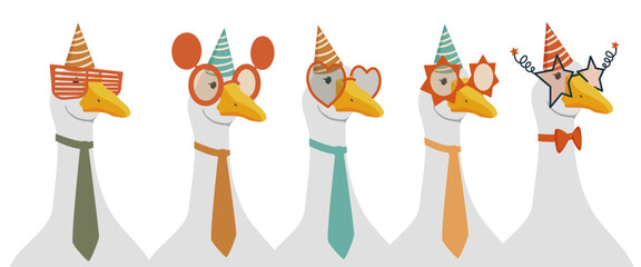 Five cheerful geese in glasses and caps. Goose in a tie. Gray bird. Kit. Bird team. Flat vector illustration, eps10