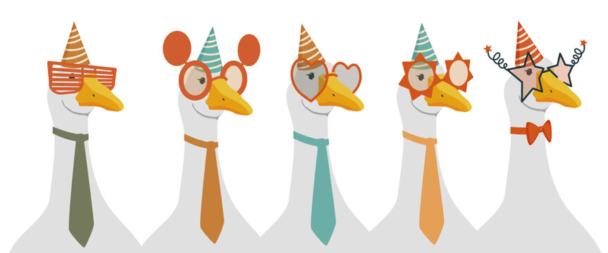 Five cheerful geese in glasses and caps. Goose in a tie. Gray bird. Kit. Bird team. Flat vector illustration, eps10