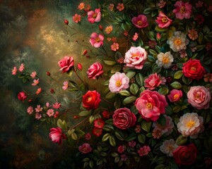 Stunning floral artwork showcasing a vibrant collection of roses in full bloom against a dark, moody background.