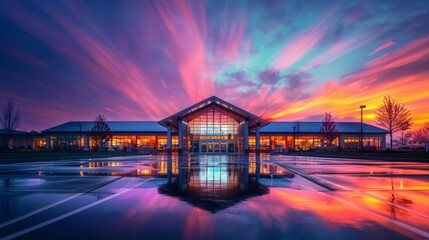 Stunning sunset over a modern building with vibrant colors reflecting on a wet surface, capturing the beauty of the sky.