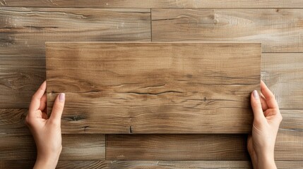 Ceramic tile with wood texture held by woman for interior design