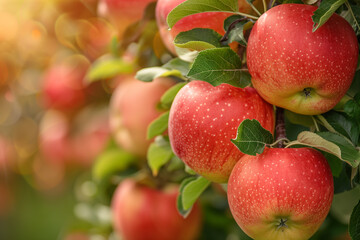 Obraz premium Red apples on tree in orchard.