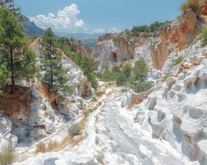 Stunning view of white canyon landscape with rugged terrain, pine trees, and clear blue sky, perfect for nature and hiking enthusiasts
