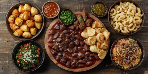 Delicious Mixed Grill Platter with Grilled Meat, Roasted Potatoes, Sauteed Vegetables, Salad, Dips, and Pasta on a Rustic Wooden Table Setup