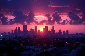 Obraz premium Purple Sunset Over Downtown Houston Skyline