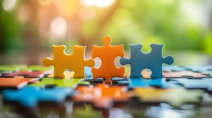 Three colorful puzzle pieces standing upright blurred natural background