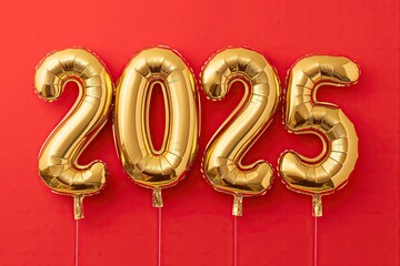 Number 2025 made from golden balloons on red background