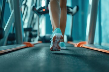 Fototapeta premium Jogging on a treadmill. Exercising in the gym. Legs closeup