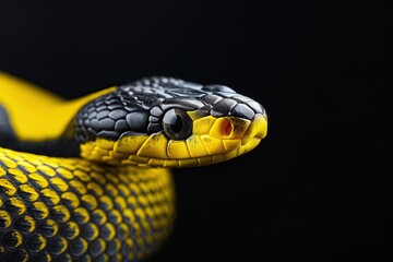 Fototapeta premium Close-up of yellow snake on a black background, studio shot