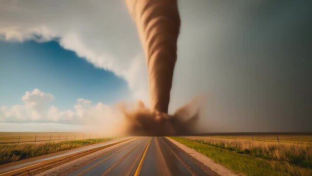 Massive tornado crossing a rural road, tearing up the landscape. The scene captures the immense power and destruction of the tornado, with dark clouds and debris swirling around.	