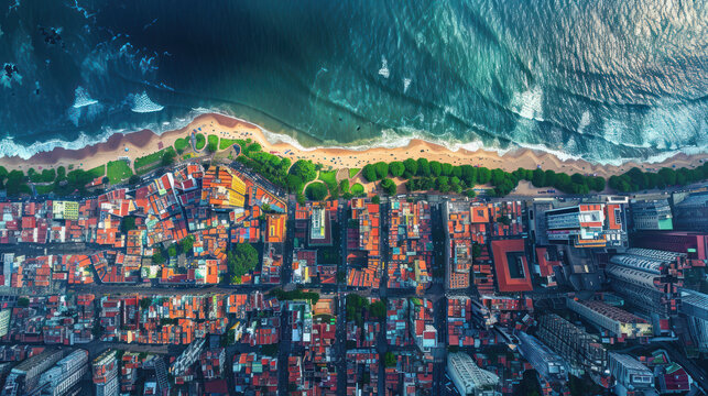 Aerial View of Coastal City Vibrant Urban Landscape with Colorful Buildings, Lush Vegetation, and Sparkling Ocean Waves Meeting Sandy Beach from High Above