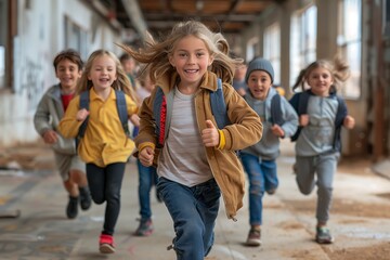 Obraz premium Happy Elementary School Children Running Down Hallway