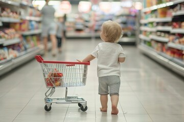 young child eagerly pushing a miniature trolley
