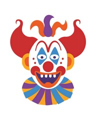 Large red pigtails multi colored collar close up portrait preforming happy birthday party celebration colorful cartoon clown. Clown illustration isolated on a white background.