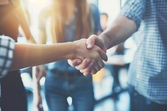 Business partners shaking hands in agreement sealing