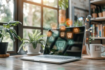 online shopping icons flowing from laptop