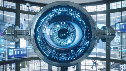 A giant robotic eye with a digital interface in a futuristic laboratory, surrounded by high-tech screens.