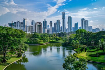 Urban Oasis Cityscape with a Tranquil Lake.