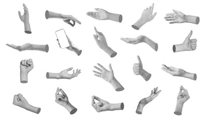 Set of different hand gestures isolated on white, black and white