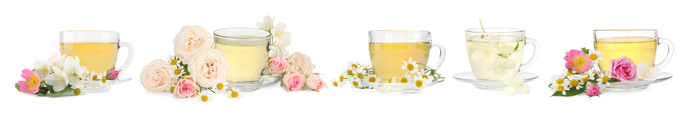 Delicious herbal tea in cups and beautiful flowers on white background, set