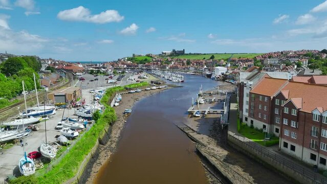 Whitby over River Esk from a drone, North Yorkshire, England