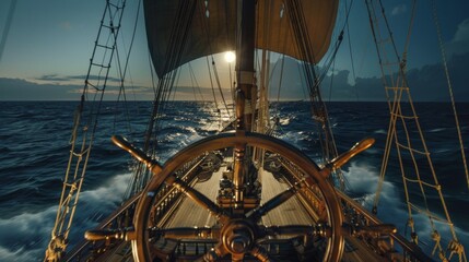 Deck view with ship wheel from a sailing ship with beautiful seascape and night starring sky.