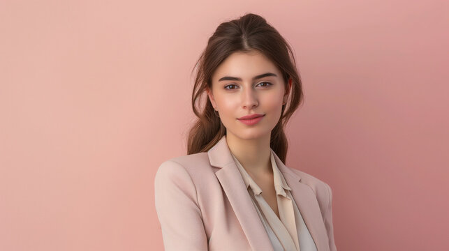 A young businesswoman in a stylish pastel blazer and blouse exudes modern sophistication. Her neatly styled hair complements her polished look. The pastel background creates an inviting atmosphere.