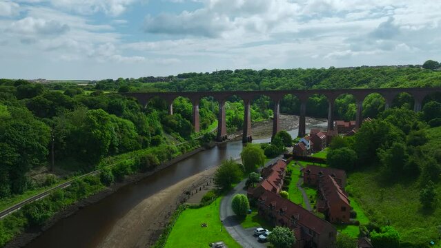 Larpool Viaduct from a drone, Viaduct in Whitby, River Esk, North Yorkshire, England