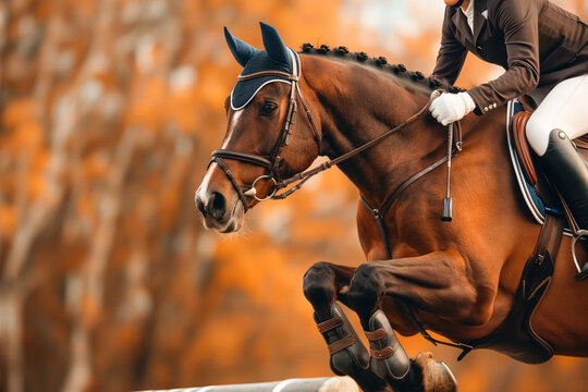 A horse is jumping over a fence