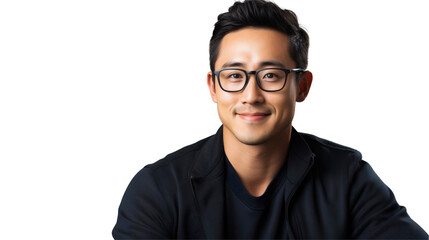 Fototapeta premium Portrait of a smiling handsome Asian man with glasses, isolated on transparent background