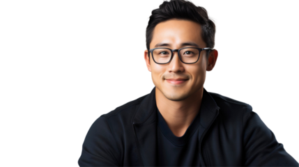 Portrait of a smiling handsome Asian man with glasses, isolated on transparent background