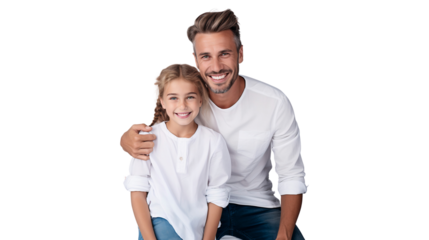 Portrait of happy father and his child little girl embracing each other, happy loving family, isolated on transparent background