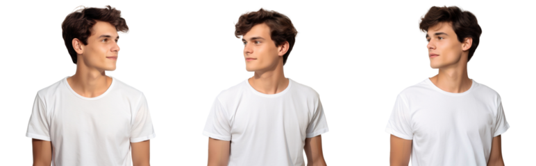 Three handsome male models in white t-shirt looking away, concept of style and fashion studio shot, isolated on transparent background