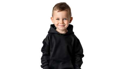 Portrait of a smiling child wearing black hoodie, concept of style and fashion studio shot, isolated on transparent background