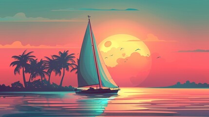 Vector illustration of sailing boat and beautiful scenic landscape of tropical sea.