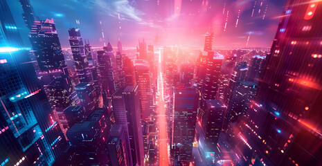 Fototapeta premium A cityscape with a bright neon sky and buildings lit up in neon colors