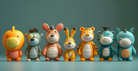 Obraz premium A group of stuffed animals are lined up in a row, including a giraffe, a bear