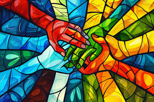 community people hands union stain glass abstract art