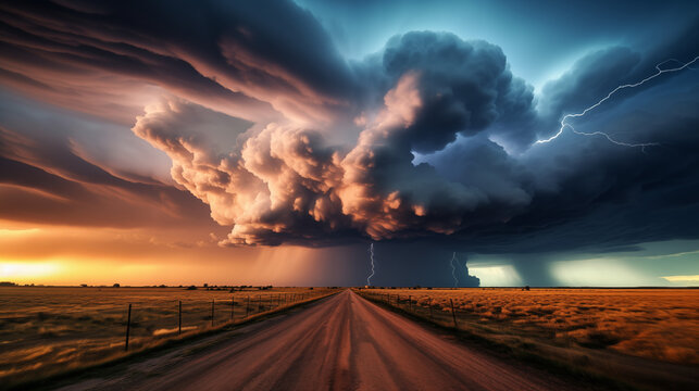 Dramatic Storm Clouds over Rural Road at Sunset