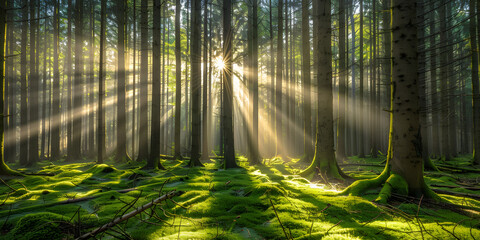 Obraz premium Tarde tranquila na floresta com raios de sol entre as árvores