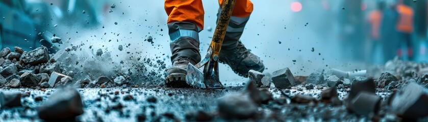 Close-up of construction worker breaking ground with a jackhammer, debris flying in an urban environment, orange pants and boots in focus.