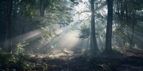 Obraz premium Floresta Serena ao Amanhecer com Nevoeiro
