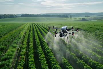 A drone spraying pesticide over a green agricultural field, showcasing modern farming technology and innovative crop management techniques.