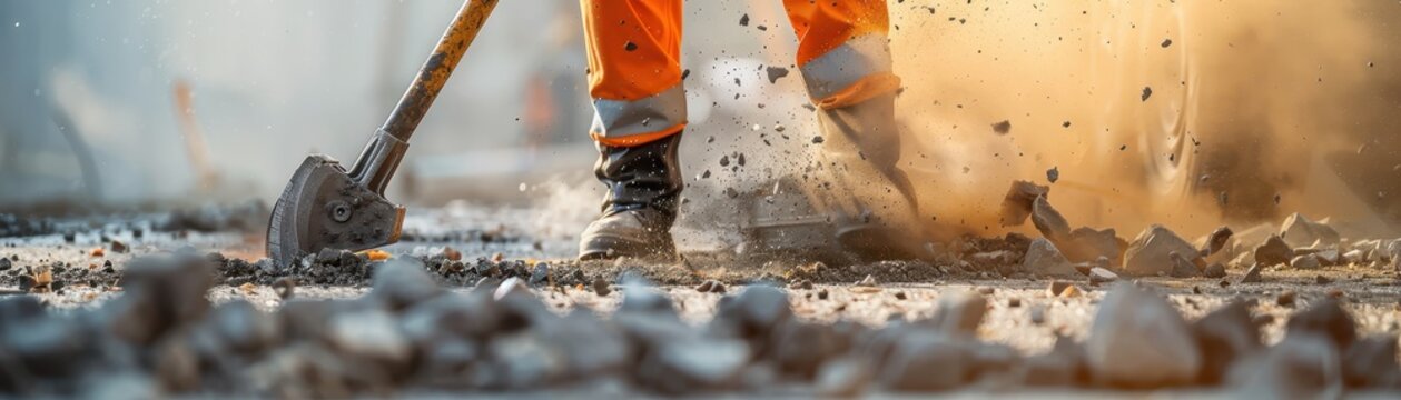 Close-up view of a construction worker breaking concrete with a shovel, with dust and rubble flying, wearing protective gear and orange pants.