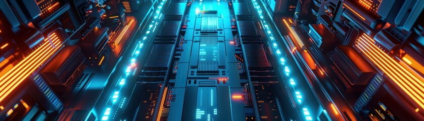 Futuristic neon-lit corridor with vibrant blue and orange lights, depicting a high-tech cyberpunk environment with advanced technology.
