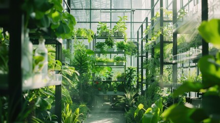 Lush green plants inside a modern greenhouse with natural sunlight streaming through the glass walls, creating a serene and vibrant atmosphere.