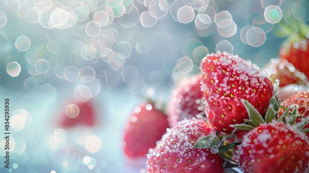 Sticker blurred background with focused frozen strawberries